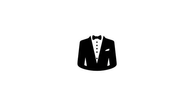 Elegant black tuxedo suit icon with bow tie and pocket square on white background. Formal menswear fashion graphic illustration.