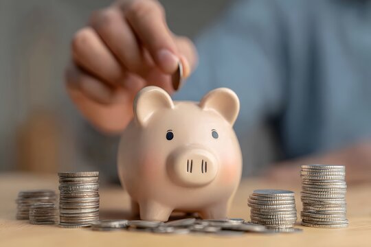 A hand places a shiny silver coin into a pink piggy bank Stacks of money surround it on a wooden table emphasizing diligent savings and financial planning for future prosperity with soft ind