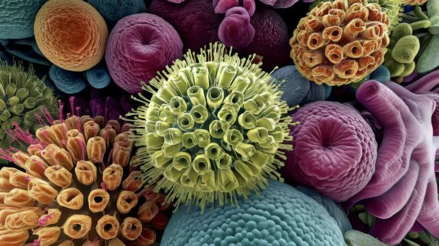 Microscopic view of diverse pollen grains and plant spores in vibrant colors