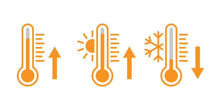 Orange thermometers showing temperature changes with sun and isolated on transparent background