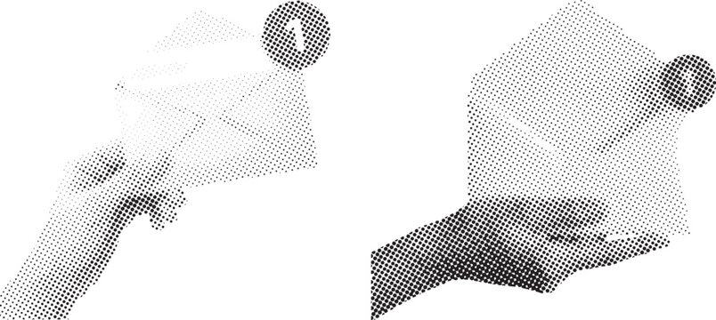 Halftone illustration of hands holding and presenting paper documents with numbered circles