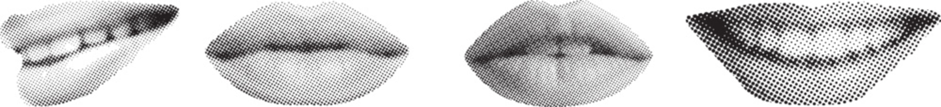 Halftone pattern graphic illustration of a pair of human lips in four different compositions