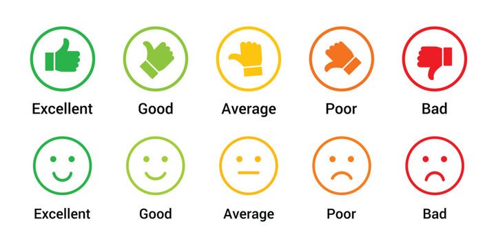 Five levels of feedback with thumbs up down and smiley faces isolated on transparent background
