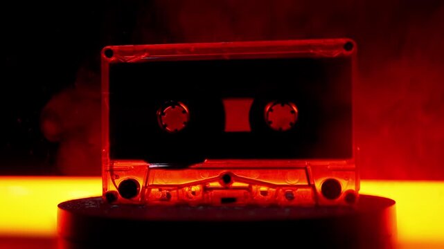 A transparent audio cassette tape stands in swirling smoke backlit by changing neon colors from purple to blue. Concept of retro music culture, 1980s nostalgia, and synthwave disco aesthetics