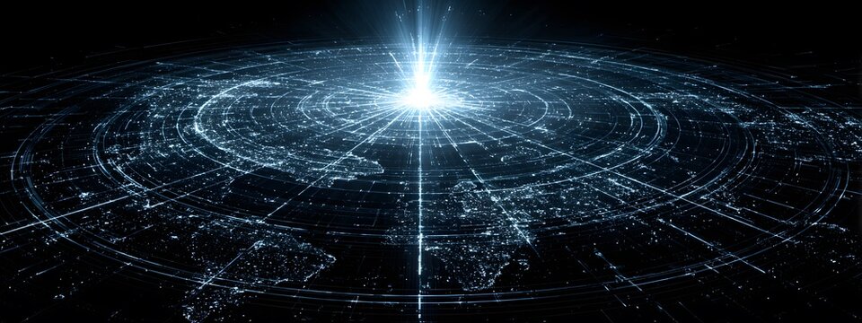 A luminous digital network spreads across a dark abstract globe showing interconnected points and flowing lines with a brilliant central light symbolizing global communication and data techn