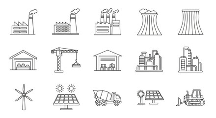 A set of industrial and renewable energy icons in a flat minimal style © Ponki