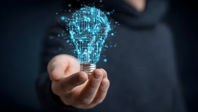 A human hand gently holds a glowing blue light bulb conceptualized as a digital circuit board with bright sparkling particles against a dark mysterious background representing innovative ide