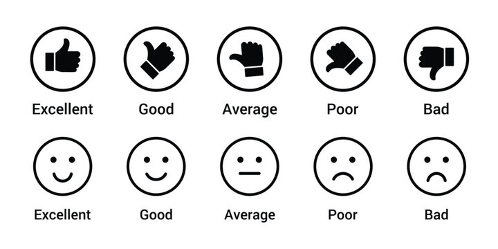 Thumbs up down icons and smiley face ratings isolated on transparent background