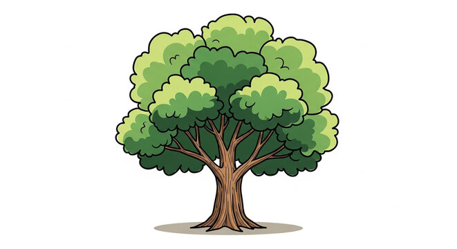 A cartoon illustration of a large green tree with a thick trunk