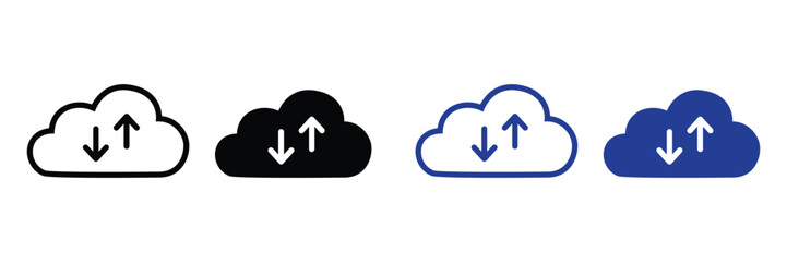 Obraz premium Four cloud icons with up and down arrows isolated on transparent background