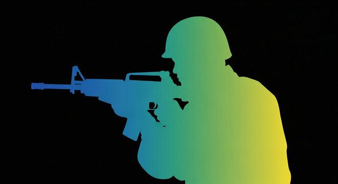 A colorful gradient silhouette of a soldier holding a rifle