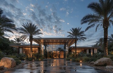 Fototapeta premium Luxury Modern Villa Exterior at Night with Warm Lighting
