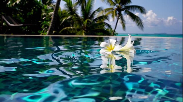 A serene video showcasing white plumeria flowers floating in a tranquil pool with a stunning ocean view and palm trees in the background