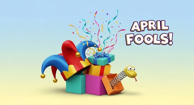 April Fools Day Celebration With Colorful Gifts And Jester Hat