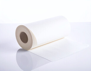 Fototapeta premium Pristine white roll of absorbent nonwoven fabric or soft paper towel on a reflective surface. Ideal for hygiene, medical, and professional cleaning concepts in a minimalist studio style.