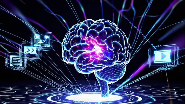 A futuristic video representation of a human brain with neon lights and digital elements surrounding it, symbolizing artificial intelligence and technology
