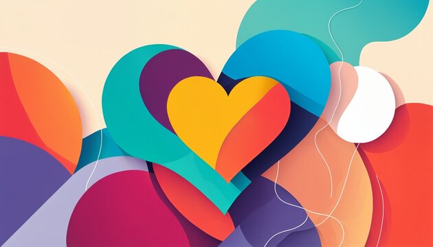 abstract colorful heart with yellow center and overlapping vibrant curved shapes and wavy lines for modern creative love and harmony concepts.