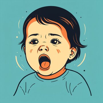 yelling baby face with mouth wide open and crying expression on blue background for childhood distress parenting and emotional development concepts.