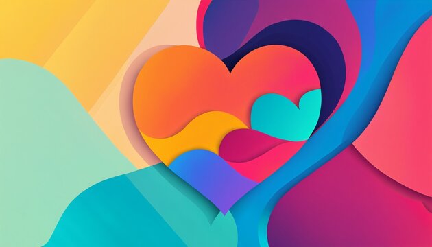 layered heart with orange red gradient and wavy shapes on colorful vibrant abstract background for modern creative love and passion concepts.