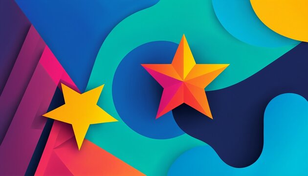 abstract colorful composition with two five-pointed stars on fluid wavy shapes in blue orange and purple shades with bright glowing highlights.