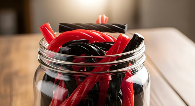 A jar filled with both red and black licorice twists, offering a choice.