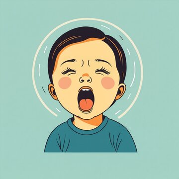 cartoon illustration of a young child in a blue shirt with an open mouth yawning or shouting on a teal background with sleepy eyes.