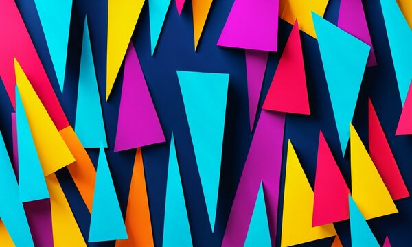abstract geometric composition with sharp layered triangles in vibrant cyan pink yellow and purple tones set against a dark blue surface with deep realistic shadows for depth