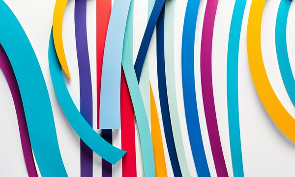 flowing curved ribbons of color in shades of cyan yellow red and purple overlapping on a white surface with soft drop shadows in a modern style