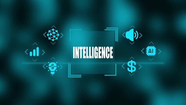 Futuristic digital featuring the word INTELIGENCE in white text surrounded by teal glowing representing artificial intelligence concepts on a blurred teal background