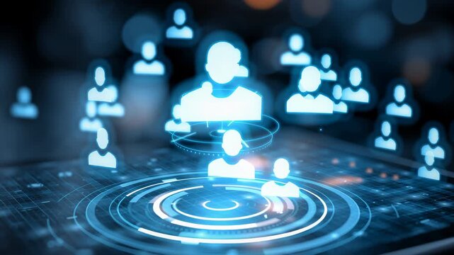 A video showcasing a futuristic digital tablet with glowing blue connections and people icons on a dark background