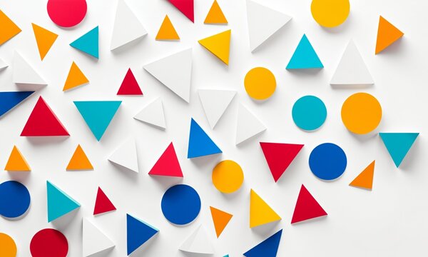 scattered colorful triangles and circles in shades of cyan blue red orange and yellow arranged on a white surface with soft shadows and a geometric style