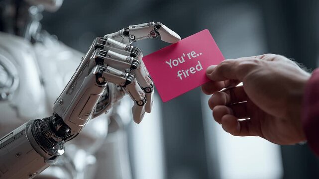 A human hand handing a pink card that reads 'You're Fired' to a robotic hand in a futuristic setting, video
