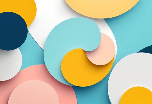 swirling abstract composition of overlapping circles and curved shapes in teal yellow blue and pink colors with a minimalist layered look.