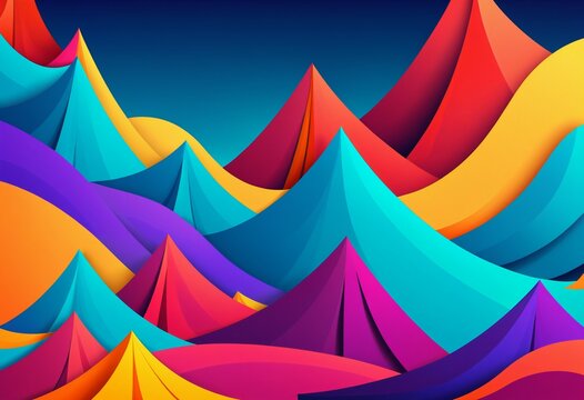 abstract mountain peaks in a vibrant array of overlapping colorful layers including magenta teal orange and purple in a stylized landscape.