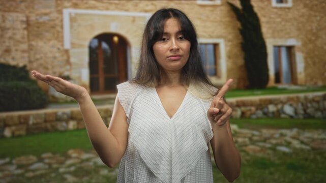 Woman holding palm up and pointing index finger at building entrance, standing outside house doorway in white sleeveless top; uncertainty.