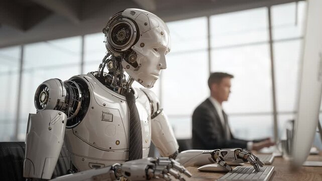 A futuristic robot works alongside a businessman at a modern office desk in a video showcasing cutting-edge technology and artificial intelligence.