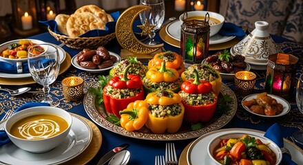 Ramadan iftar feast with traditional foods displayed