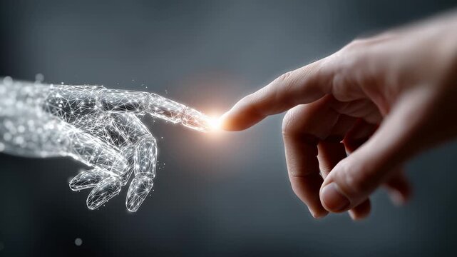 A human hand touching a digital hand with a glowing connection in a dark background, representing technology and innovation in a video.