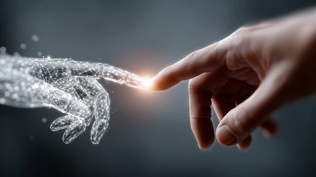 A human hand touching a digital hand in a futuristic video representation of human connection and technology