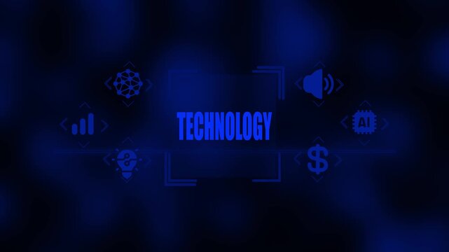 Digital technology concept with interconnected nodes brain lightbulb graph statistics sound wave AI chip and dollar sign on a dark blue blurred background