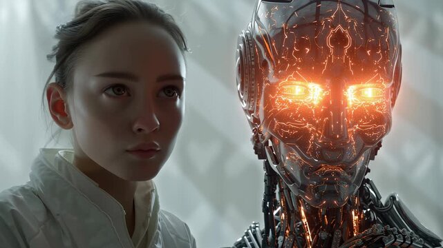 Woman facing glowing humanoid robot in futuristic sci fi video