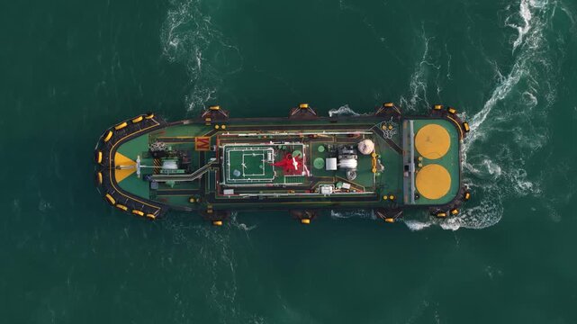 Aerial top view of bunkering tanker ship navigating at sea
