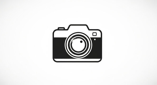 A minimalist vector graphic of a camera icon on a white background