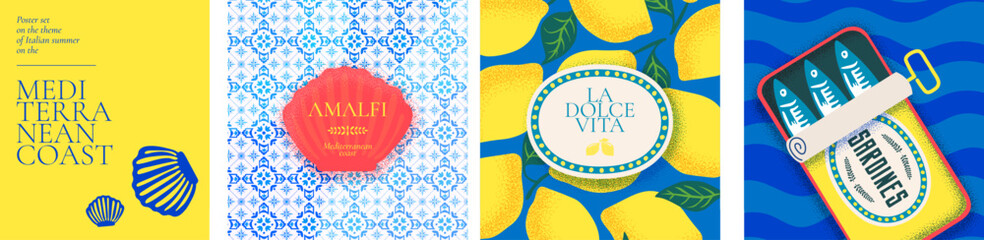 Amalfi summer banner set. Mediterranean pattern with sardines, lemons and tiles. Yellow citrus, vintage labels and blue borders design. Italian translation Sweet life, Summer in Italy on Amalfi Coast