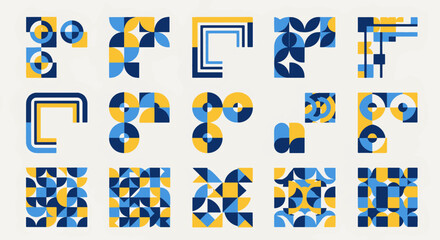 Fototapeta premium Geometric Abstract Shapes Blue Yellow Dark Blue White Vector Art