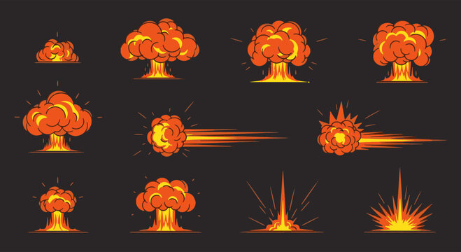 Explosion Set Collection Cartoon Style on Dark Background