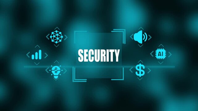 Cyan digital security concept with interconnected nodes brain lightbulb graph statistics sound wave AI chip and dollar sign on a dark teal blurred background