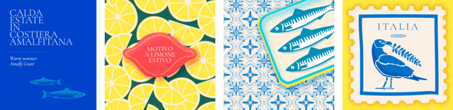 Amalfi summer banner set. Mediterranean pattern with sardines, seagull and lemons. Italian beach vibes, blue retro tiles coastal ornament. Italian text Hot summer on Amalfi Coast, Summer lemon motif.