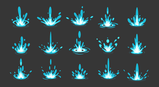 Water Splash Animation Elements with Blue Liquid on Dark Gray Background
