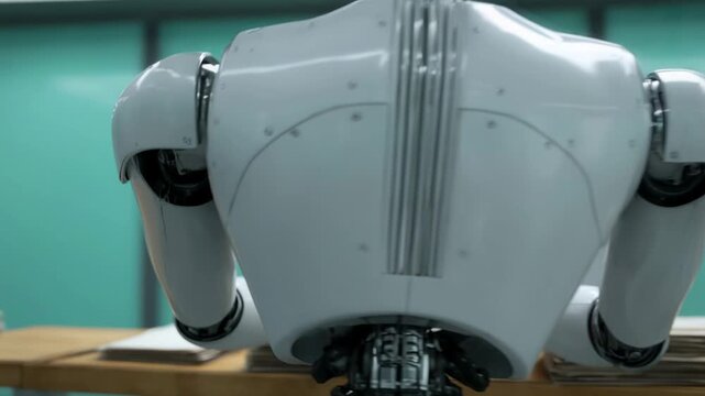 Robots meticulously sorting through stacks of documents in a modern office environment